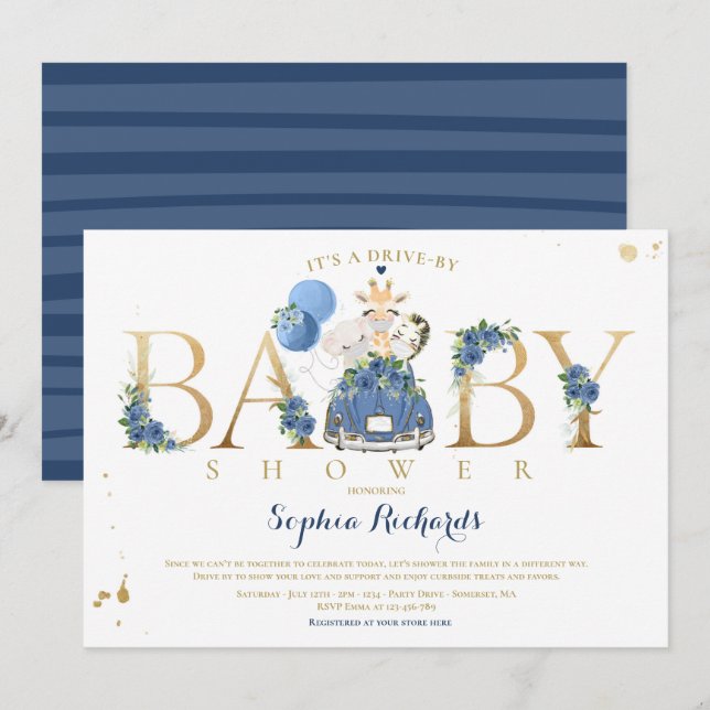 Navy Floral Safari Animals Drive By Baby Shower Invitation (Front/Back)