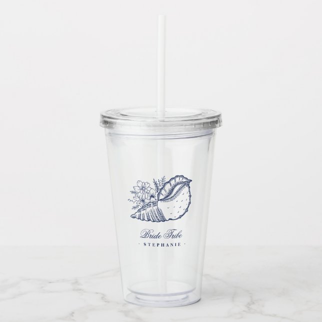 Navy Floral Seashell Bride Tribe Beach Wedding Acrylic Tumbler (Front)