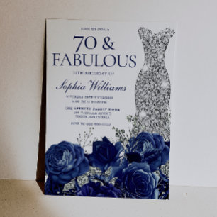 Navy Floral & Silver Dress 70th Birthday Party Invitation