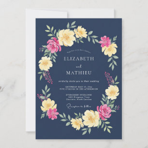 Navy Floral Spring Romance Wedding Invitation