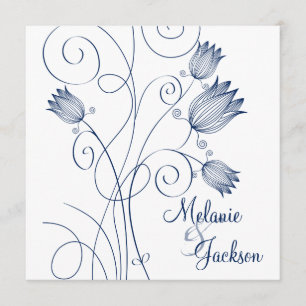 Navy Floral Swirls White Post Wedding Invita Invitation