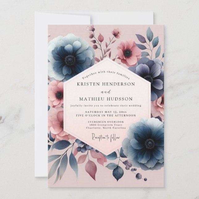 Navy Floral Vintage Romance Wedding Invitation (Front)