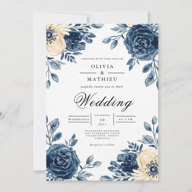 Navy Floral Wash Wedding Invitation (Front)