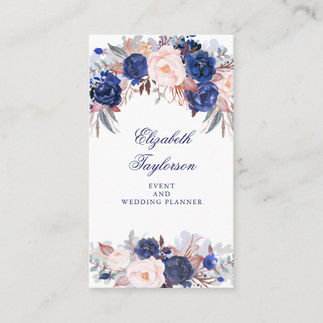 Navy Floral Watercolor Business Card (Front)