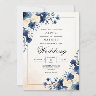 Navy Floral Watercolor Flourish Wedding Invitation