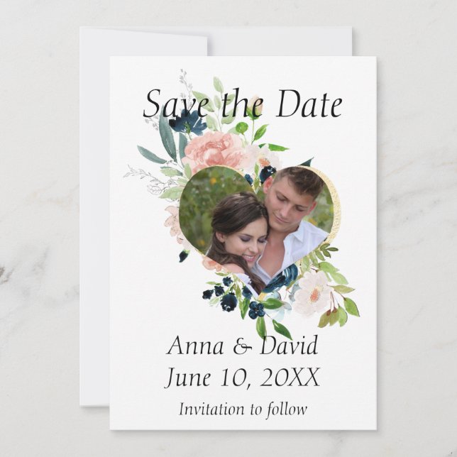 Navy Floral Watercolor Photo Save the Date (Front)