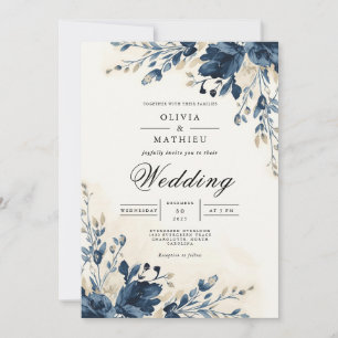 Navy Floral Watercolor Splendour Wedding Invitation