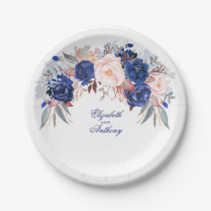 Navy Floral Watercolor Wedding Paper Plate