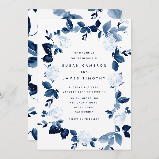 Navy Floral Watercolor Wreath Wedding Invitation (Front/Back)