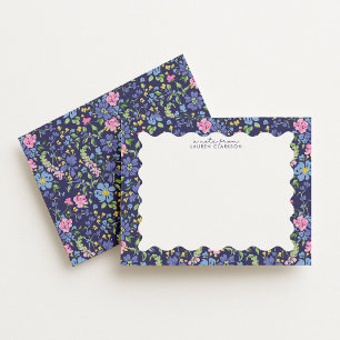 Navy Floral Wavy Frame Note Card