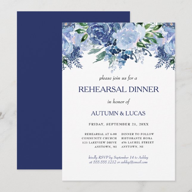 Navy Floral Wedding Dusty Blue Rehearsal Dinner Invitation (Front/Back)