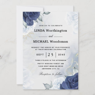 Navy floral wedding invitations