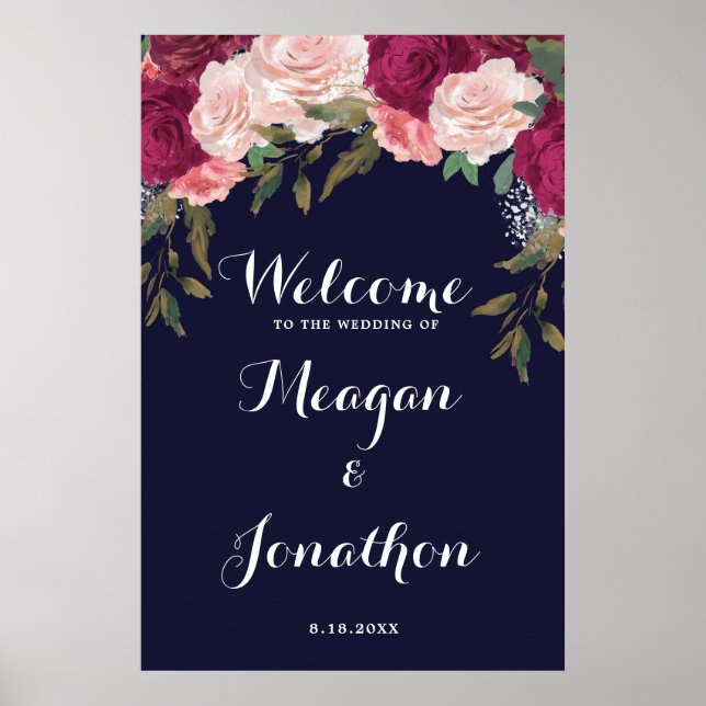 navy floral wedding welcome sign (Front)