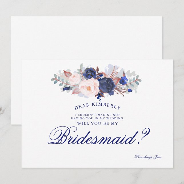 Navy Floral Will You Be My Bridesmaid Invitation (Front/Back)