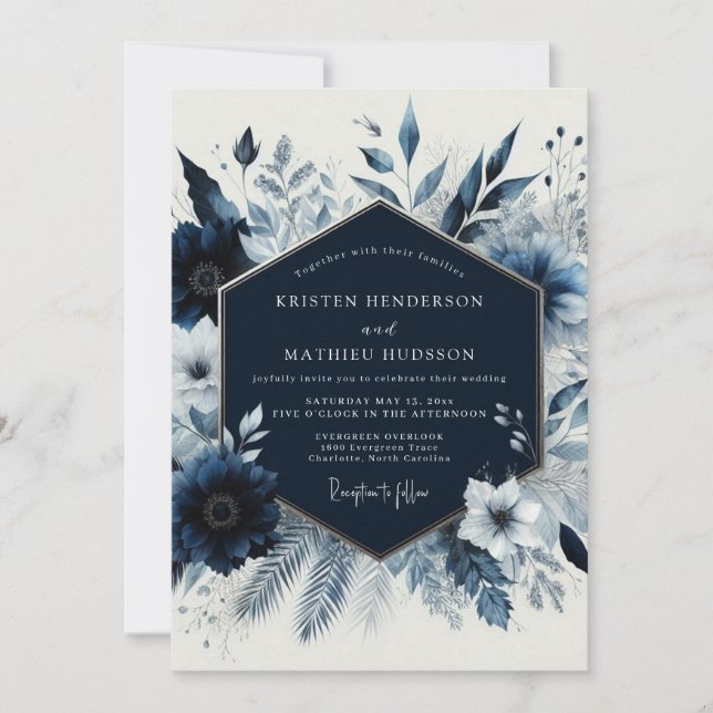 Navy Floral Winter Romance Wedding Invitation (Front)