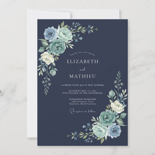 Navy Floral Winter Wedding Invitation (Front)