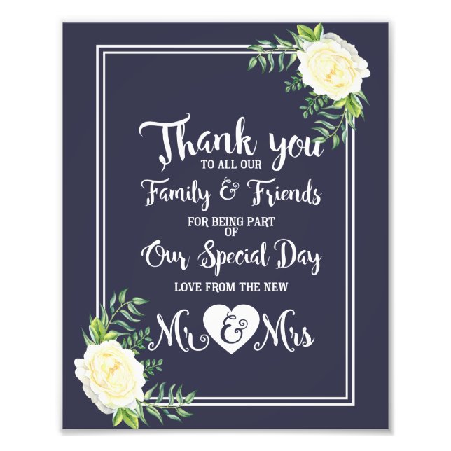 Navy floral with a elegant Ivory Rose THANK YOU Photo Print (Front)