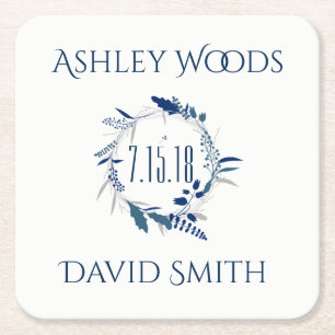 Navy Floral Wreath Save The Date Coaster