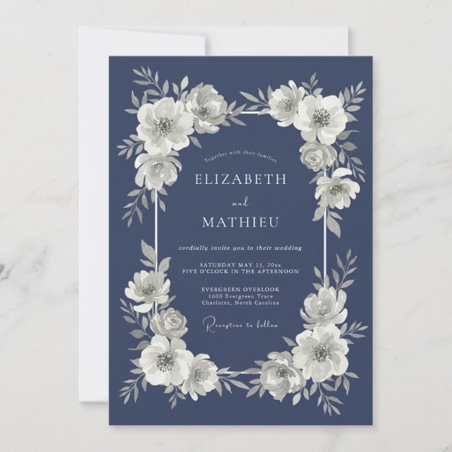 Navy Floral Wreath Wedding Invitation (Front)