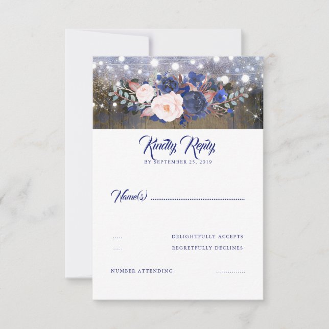 Navy Florals Rustic Wedding RSVP (Front)