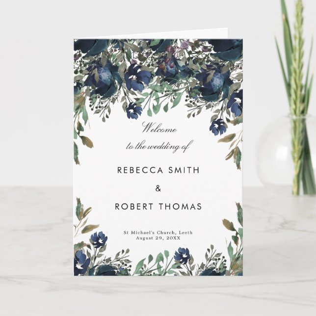 Navy florals wedding ceremony order of service programme (Front)