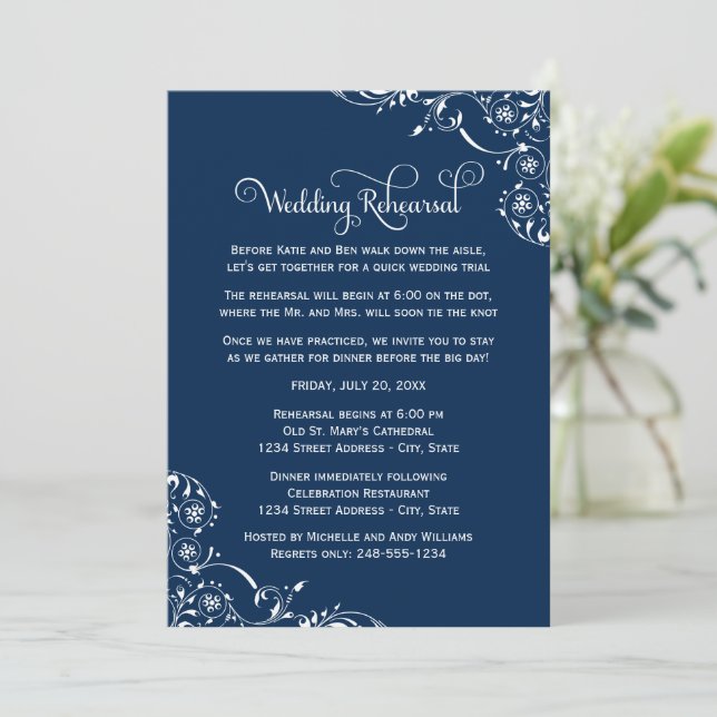 Navy Flourish Wedding Rehearsal Invitation (Standing Front)