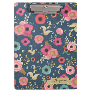 Navy Flower Pattern Modern Personalised Clip board