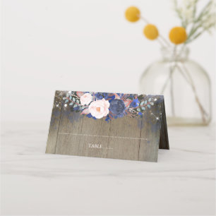 Navy Flowers and String Lights Rustic Place Card