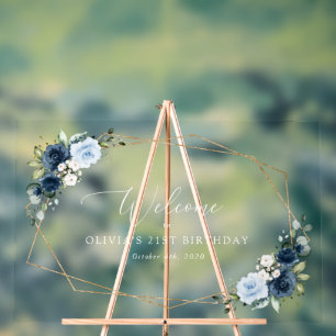 Navy Flowers, Blue Flowers, Boho, Birthday Welcome Acrylic Sign