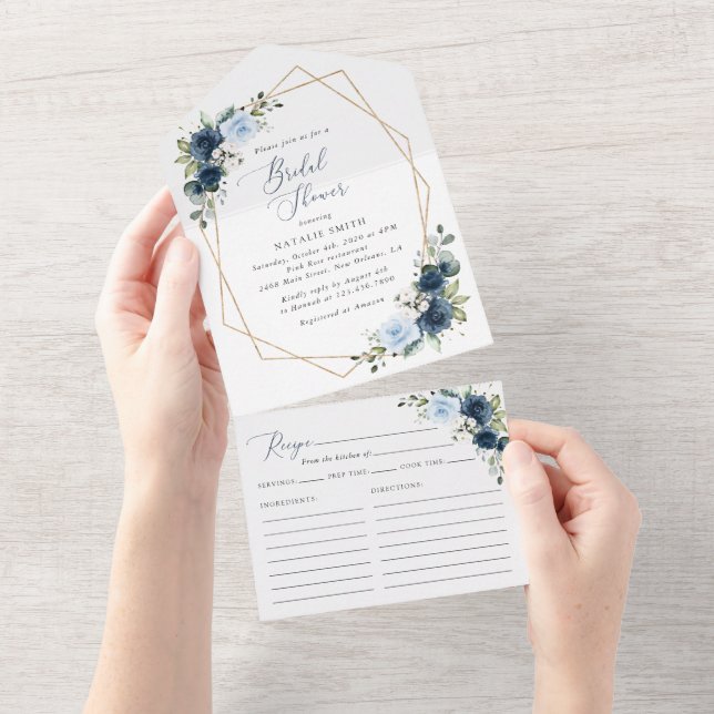 Navy Flowers, Blue Flowers, Boho, Bridal Shower All In One Invitation (Tearaway)