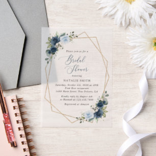 Navy Flowers, Blue Flowers, Boho, Bridal Shower Vellum Invitations