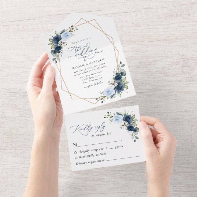 Navy Flowers, Blue Flowers, Boho, Floral Wedding All In One Invitation (Tearaway)