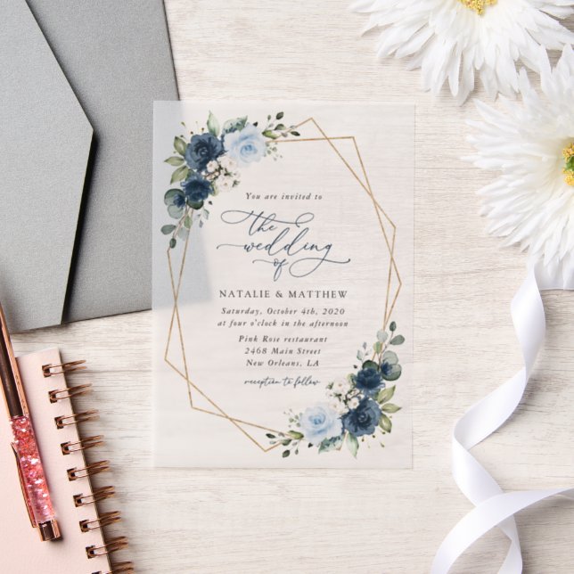 Navy Flowers, Blue Flowers, Boho, Floral Wedding Vellum Invitations (Wedding)