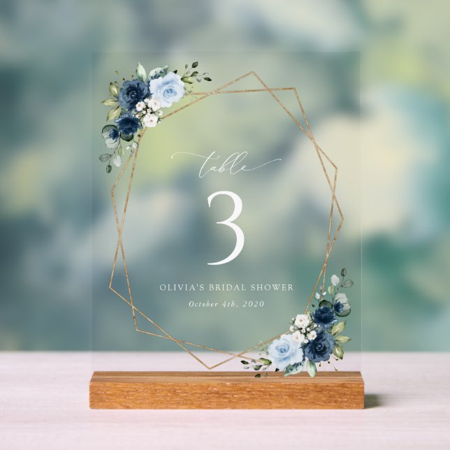 Navy Flowers, Blue Flowers, Boho, Table Numbers Acrylic Sign (Neutral)