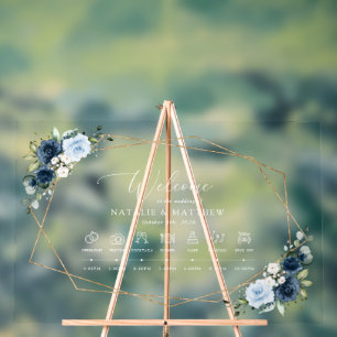 Navy Flowers, Blue Flowers, Boho, Wedding Timeline Acrylic Sign