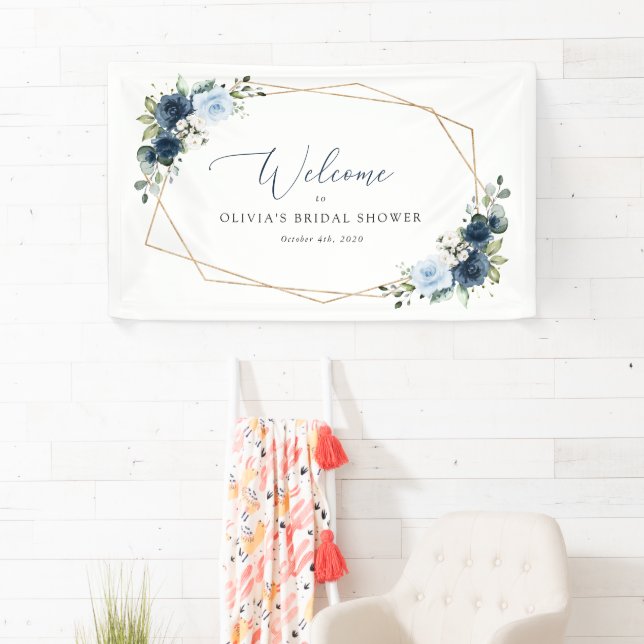 Navy Flowers, Blue Flowers, Bridal Shower Welcome Banner (Insitu)