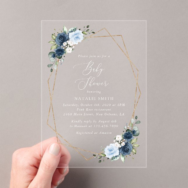Navy Flowers, Blue Flowers, Greenery, Baby Shower Acrylic Invitations (Insitu (Handheld))
