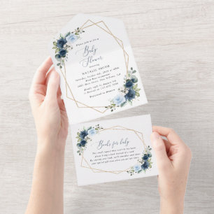 Navy Flowers, Blue Flowers, Greenery, Baby Shower All In One Invitation
