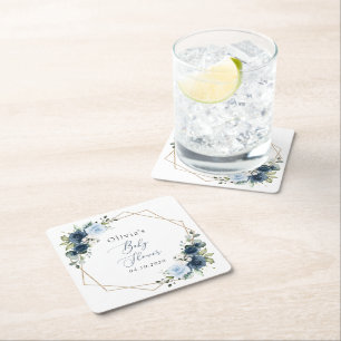 Navy Flowers, Blue Flowers, Greenery, Baby Shower Square Paper Coaster