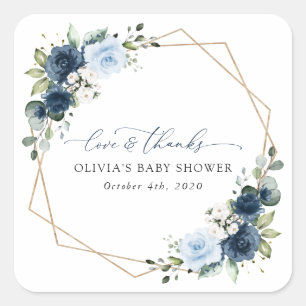 Navy Flowers, Blue Flowers, Greenery, Baby Shower Square Sticker