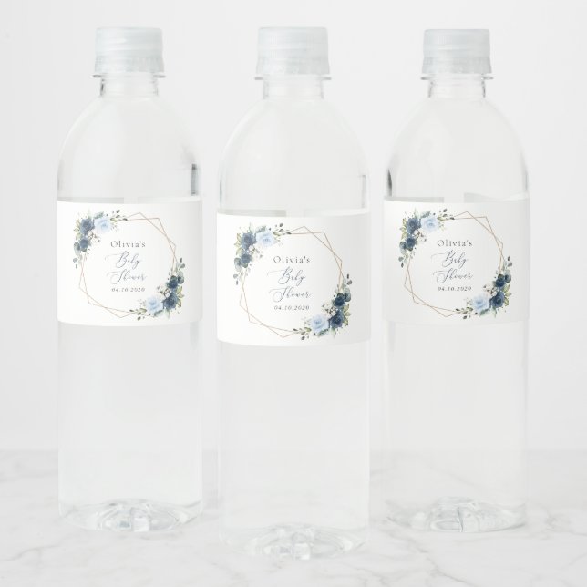 Navy Flowers, Blue Flowers, Greenery, Baby Shower Water Bottle Label (Bottles)