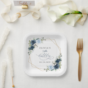 Navy Flowers, Blue Flowers, Greenery, Birthday Paper Plate