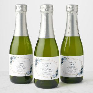 Navy Flowers, Blue Flowers, Greenery, Birthday Sparkling Wine Label
