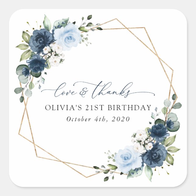 Navy Flowers, Blue Flowers, Greenery, Birthday Square Sticker (Front)