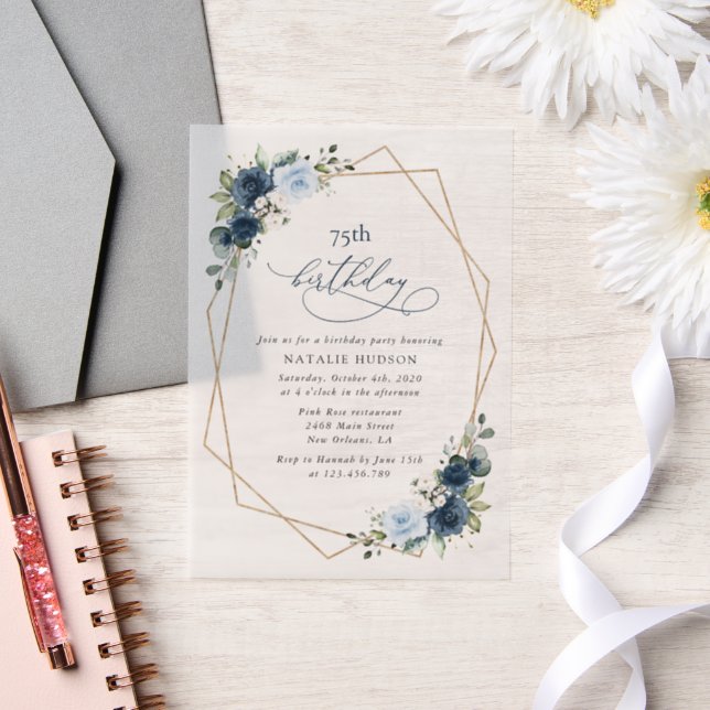 Navy Flowers, Blue Flowers, Greenery, Birthday Vellum Invitations (Wedding)