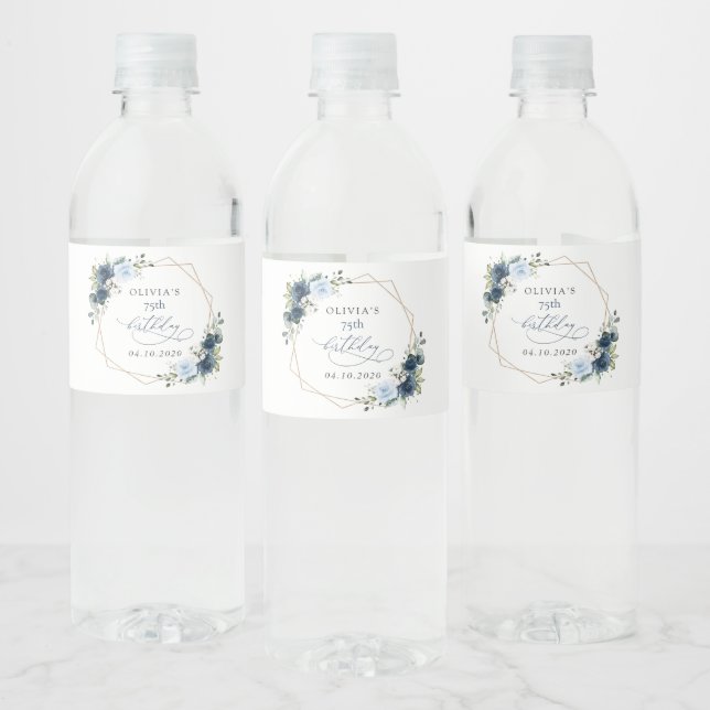Navy Flowers, Blue Flowers, Greenery, Birthday Water Bottle Label (Bottles)