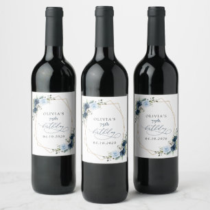 Navy Flowers, Blue Flowers, Greenery, Birthday Wine Label