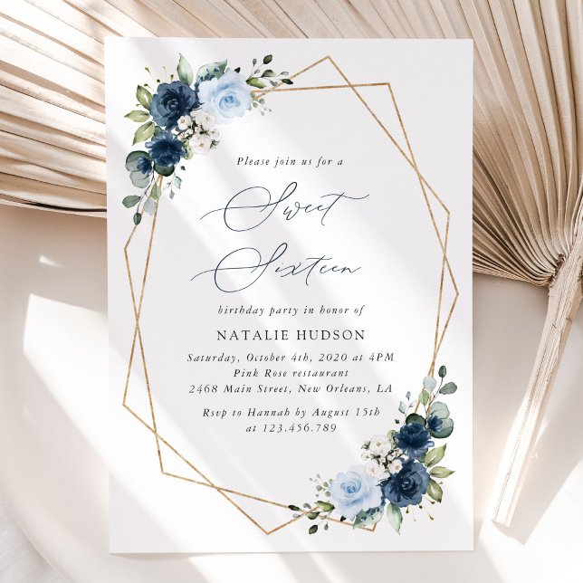 Navy Flowers, Blue Flowers, Greenery, Sweet 16 Invitation (Creator Uploaded)
