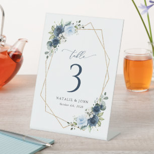 Navy Flowers, Blue Flowers, Wedding Table Numbers Pedestal Sign