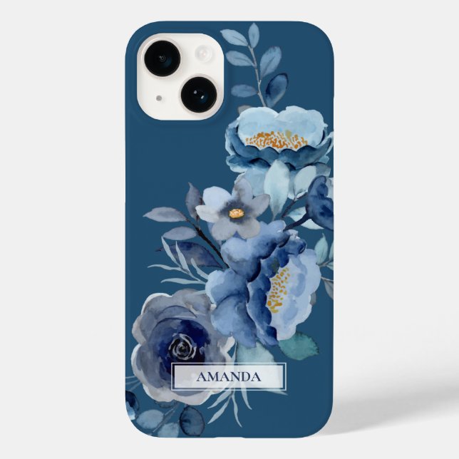 Navy Flowers | Blue Personalised Name Case-Mate iPhone Case (Back)